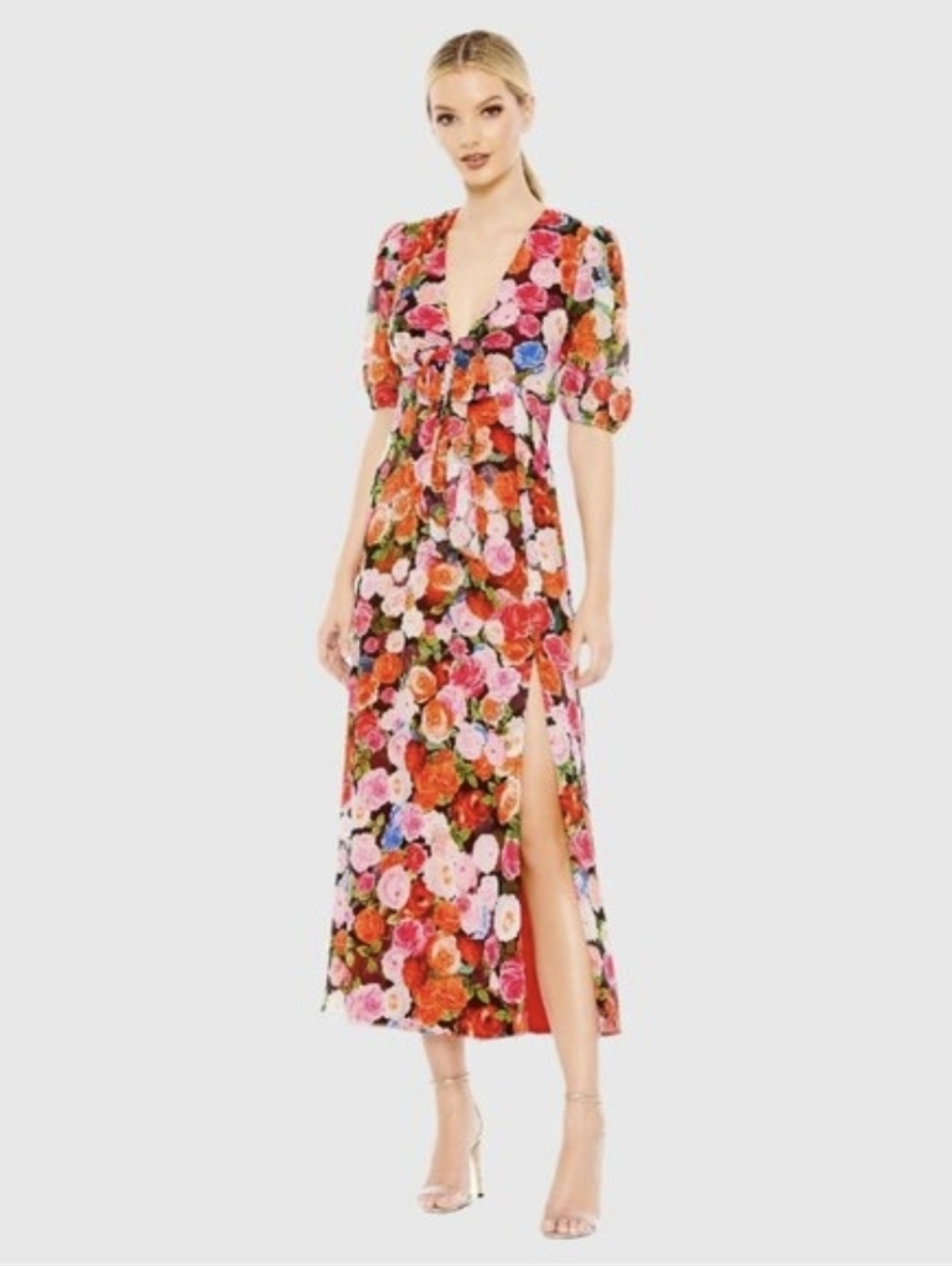 NWT Mac Duggal Multicolor Floral Front Tie Puff Sleeve Flowy Dress #A0540
